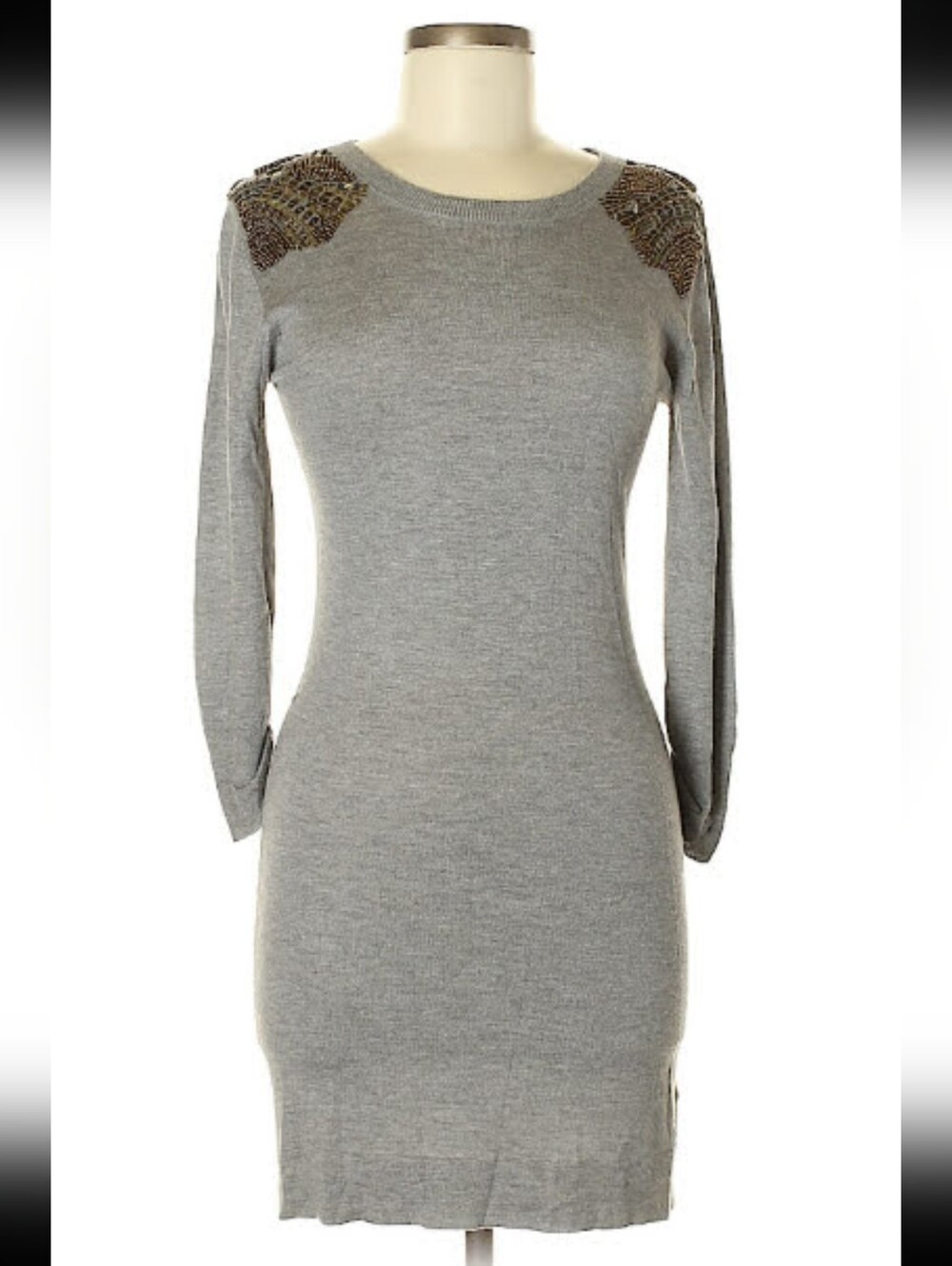 FRENCH CONNECTION Grey Knit Dress With Beaded Shoulders; Likely Size S